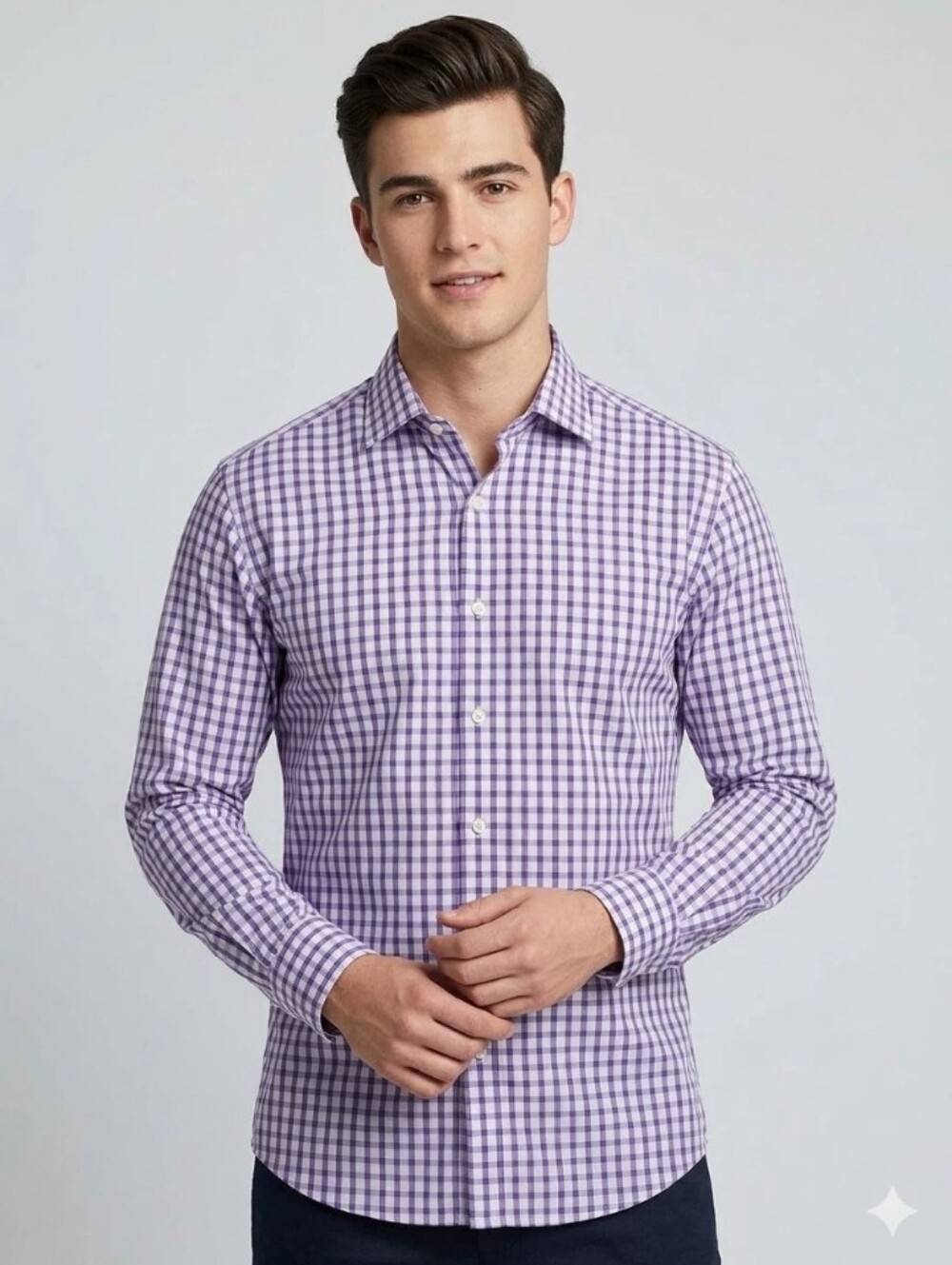 Hugo Boss Long Sleeve Button Up Shirt Plaid Purple White Men's Size 17.5 34/35